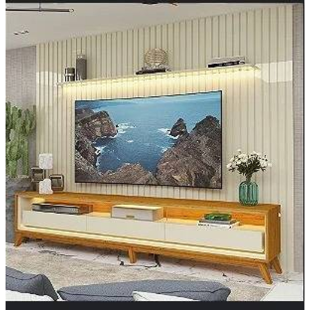 Painel Nobre Ripado 230 cm com Rack Requinte pés Palito - Off White/Naturalle 