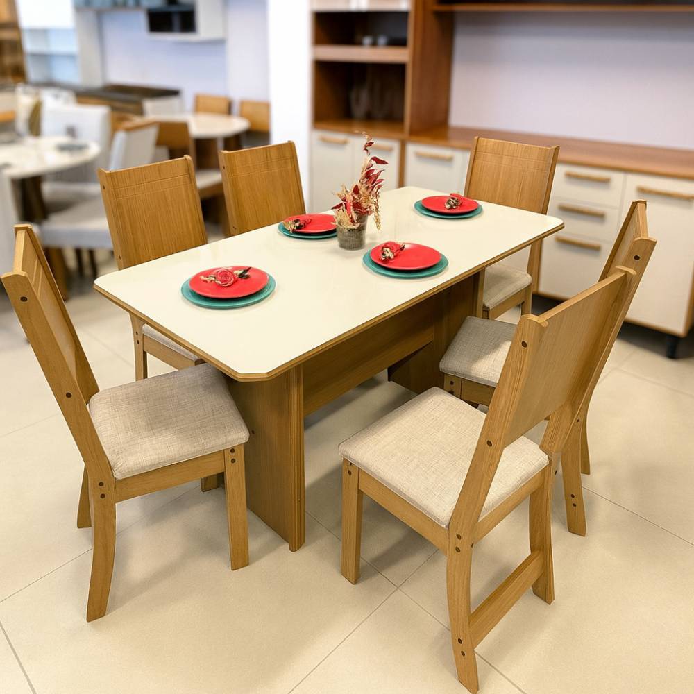 Conjunto Mesa de Jantar Evora 1,50cm c/ 6  Cadeiras Linho Bege - Freijó/Off White