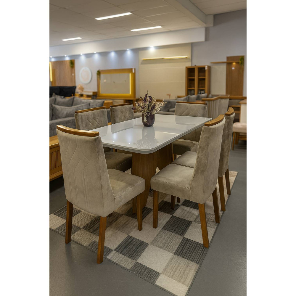 Mesa de Jantar Nevada 180x90cm Tampo Off White Canto Copo com 6 cadeiras Nevada - Veludo Capuccino 