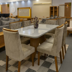 Mesa de Jantar Nevada 180x90cm Tampo Off White Canto Copo com 6 cadeiras Nevada - Veludo Capuccino 