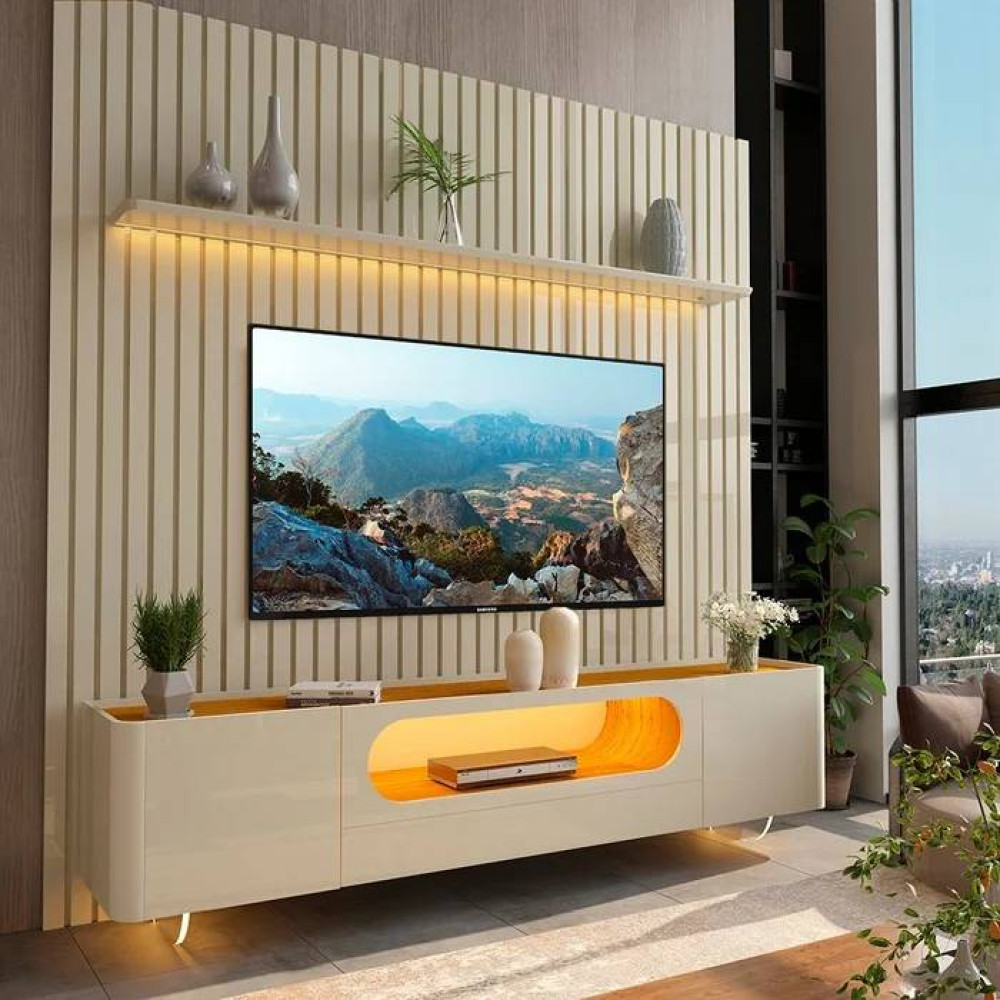 Rack Nobre com Painel Nobre 230 cm para Tvs Até 75" com Led - Off White/Naturalle