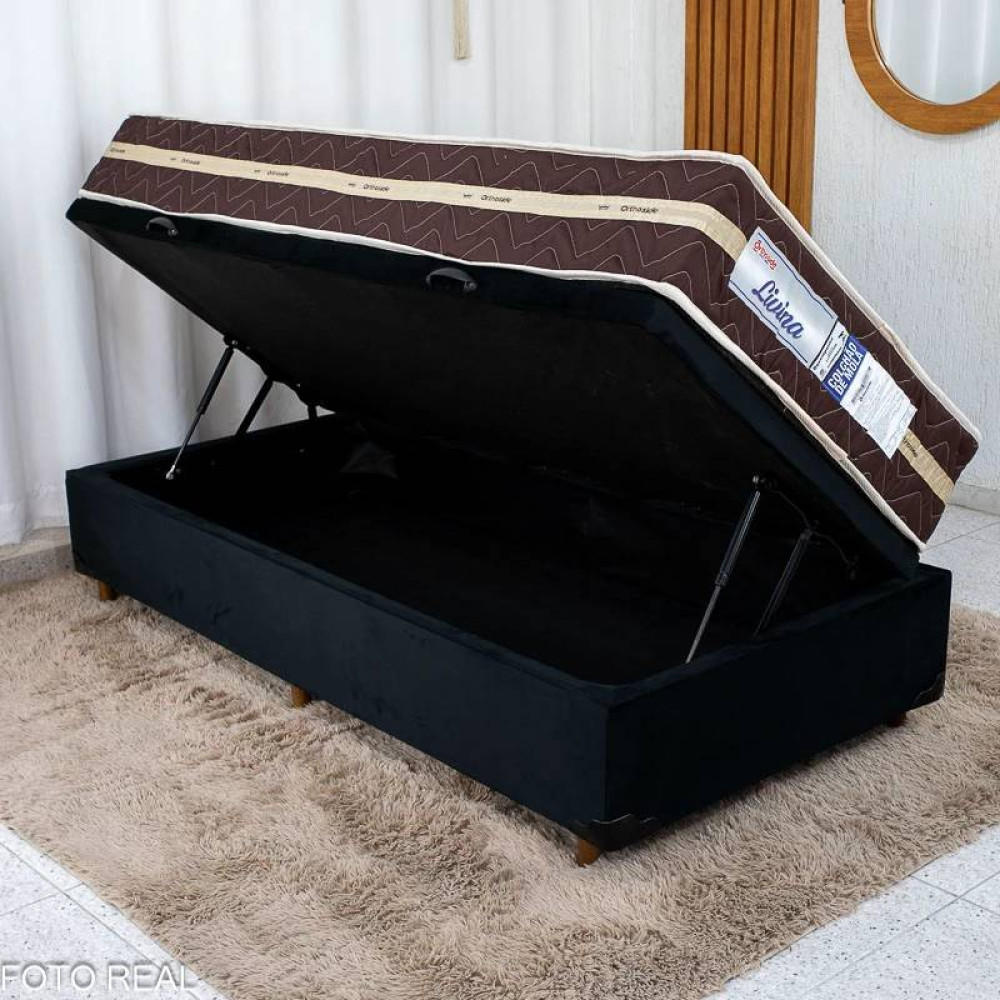 Colchão De Molas Ensacadas Solteiro Livina 30x188x88 c/ Base Baú Courino Solteiro - Preto