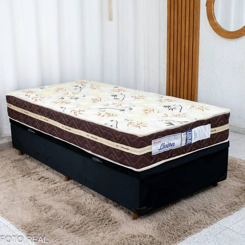 Colchão De Molas Ensacadas Solteiro Livina 30x188x88 c/ Base Baú Courino Solteiro - Preto