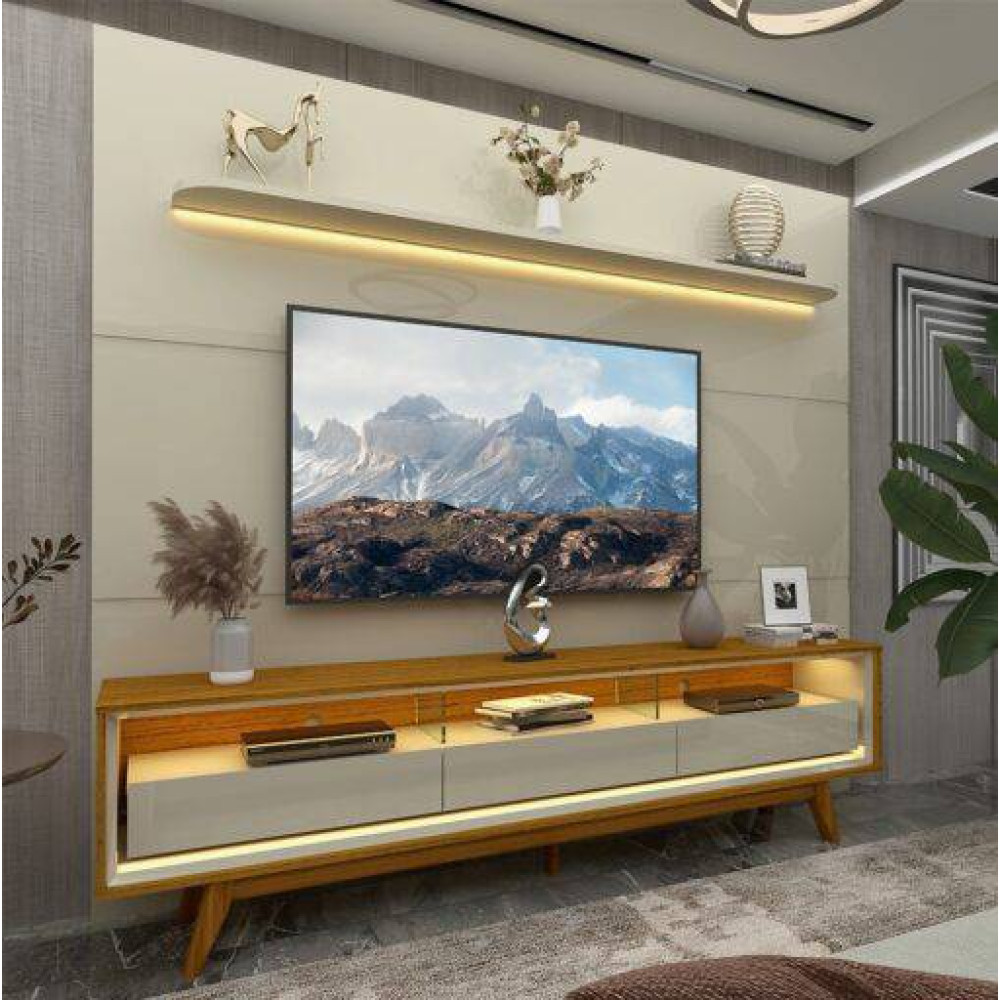 Painel Royal 2.2 c/ Led para TV até 75 " c/ Rack Requinte 212 cm para Tvs até 65" Requinte c/ Led e pés Palito - Naturale / Off White