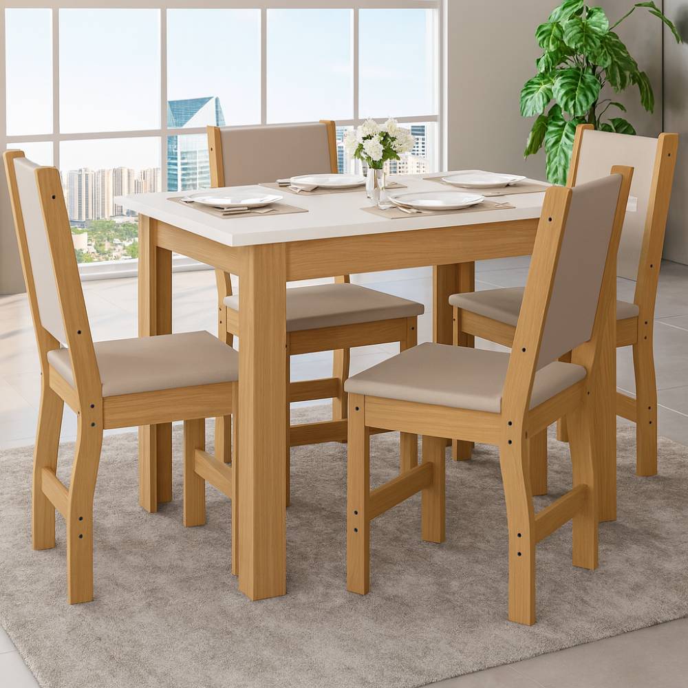 Conjunto Mesa de Jantar Bellagio 108x68cm Com 4 Cadeiras Clara - Freijo/Off White 