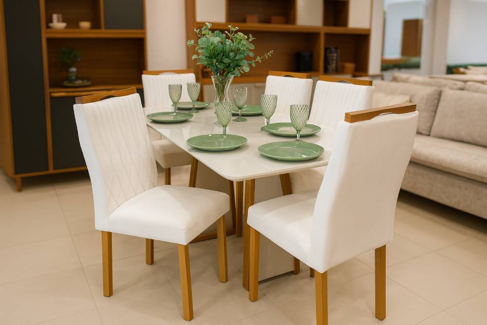 Mesa de Jantar Pedro 160x80 c/ 6 Cadeiras Genova Bege - Mel / Off