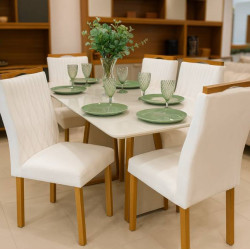 Mesa de Jantar Pedro 160x80 c/ 6 Cadeiras Genova Bege - Mel / Off White