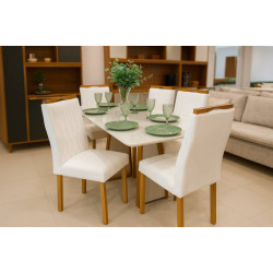 Mesa de Jantar Pedro 160x80 c/ 6 Cadeiras Genova Bege - Mel / Off White