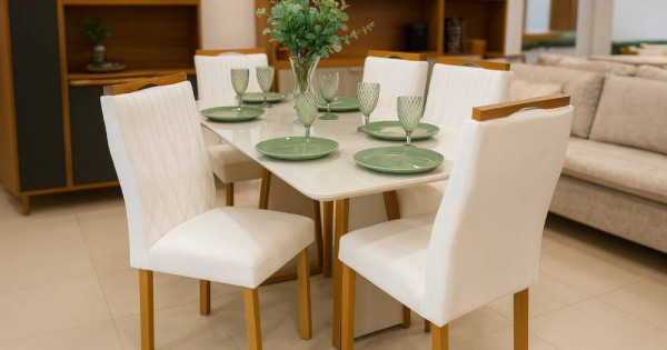 Mesa de Jantar Pedro 160x80 c/ 6 Cadeiras Genova Bege - Mel / Off