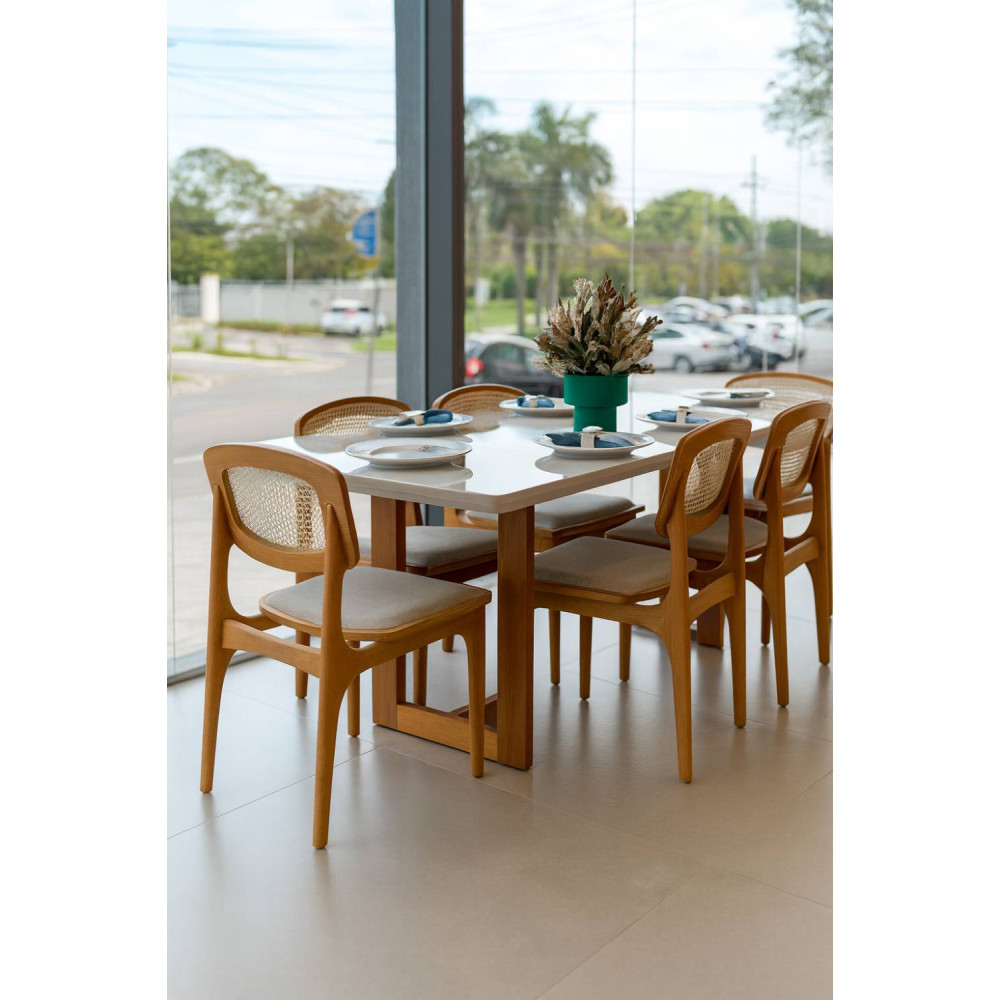 Mesa de Jantar Tália 180 cm Tampo vidro Off White com 6 cadeiras Turquia Premium tela madeira - Linho Bege