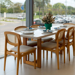 Mesa de Jantar Tália 180 cm Tampo vidro Off White com 6 cadeiras Turquia Premium tela madeira - Linho Bege