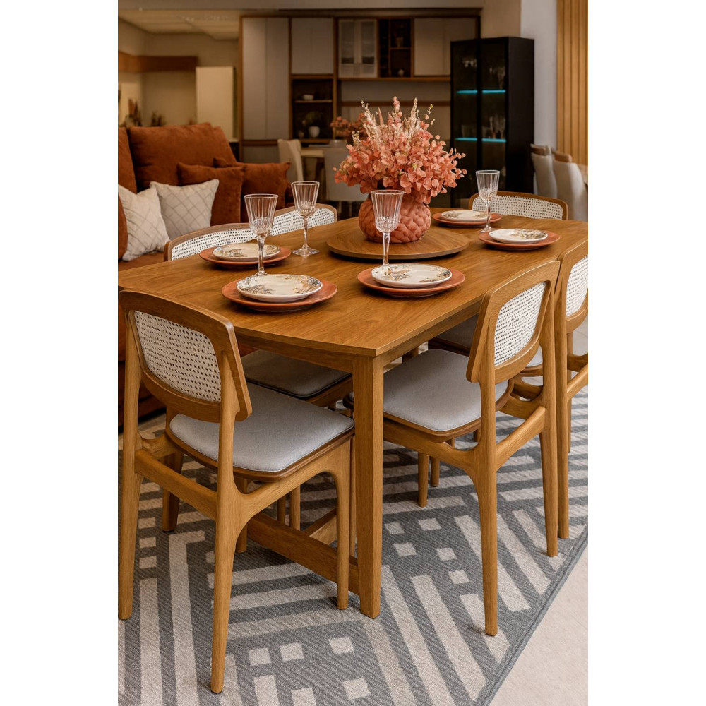 Mesa de Jantar Turquia 1.60cm Tampo Laminado com 6 cadeiras Turquia Premium tela madeira - Linho Bege