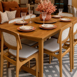 Mesa de Jantar Tália 180 cm Tampo Madeira Laminado com 6 cadeiras  Turquia Premium tela madeira - Linho Bege