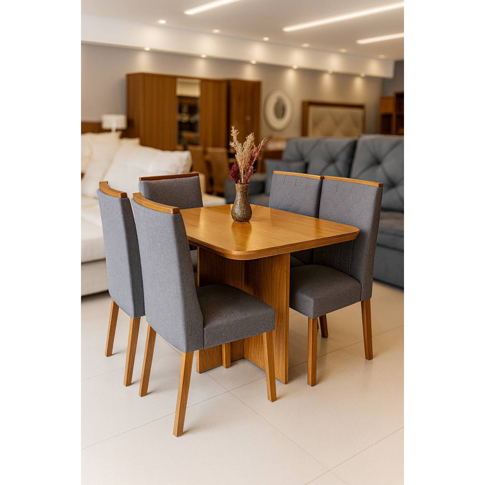Mesa de Jantar Nevada 90x90cm Tampo Laminado com 4 cadeiras Nevada - Linho Cinza