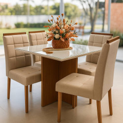 Mesa de Jantar Helo 90x90 c/ 4 Cadeira Julia - Linho Bege - Freijo/Off White Mesa de Jantar Helo 90x90 c/ 4 Cadeira Julia - Linho Bege - Freijo/Off White