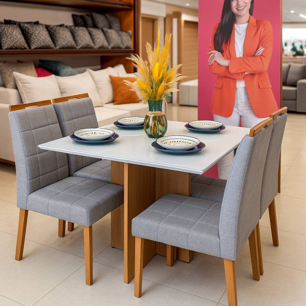 Mesa de Jantar Helo 90x90 c/ 4 Cadeira Julia - Linho Cinza - Freijo/Off White