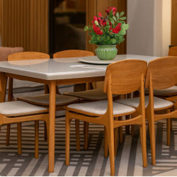 Mesa de Jantar Turquia 1.60cm Tampo vidro Off White com 6 cadeiras Turquia Turquia Gold - Linho Bege