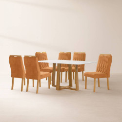 Mesa de Jantar Pedro 160x80 c/ 6 Cadeiras Genova Terracota - Mel / Off White