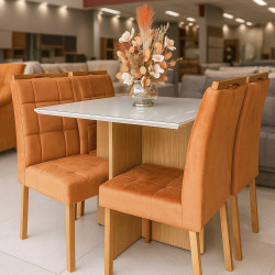 Mesa de Jantar Helo 90x90 c/ 4 Cadeira Julia - Veludo Terracota - Freijo/Off White Mesa de Jantar Helo 90x90 c/ 4 Cadeira Julia - Veludo Terracota - Freijo/Off White