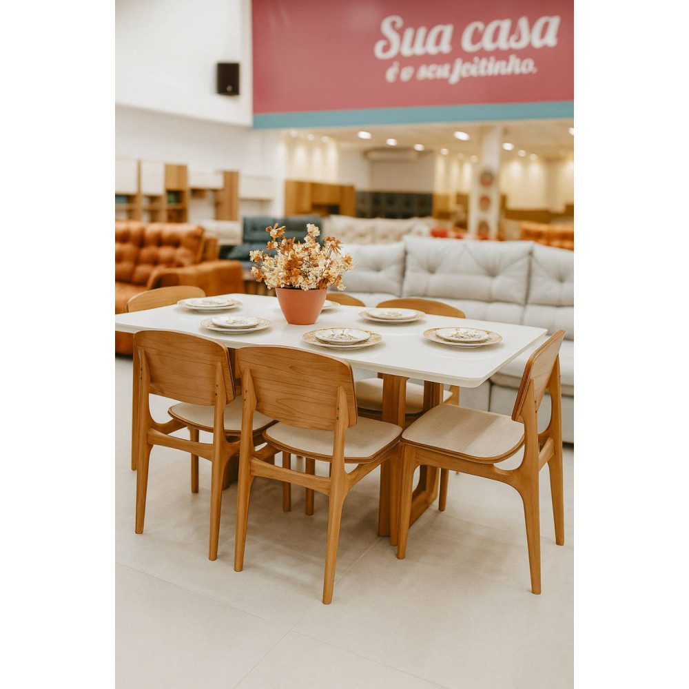 Mesa de Jantar Tália 180 cm Tampo vidro Off White com 6 cadeiras Turquia Gold - Linho Bege