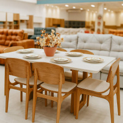 Mesa de Jantar Tália 180 cm Tampo vidro Off White com 6 cadeiras Turquia Gold - Linho Bege