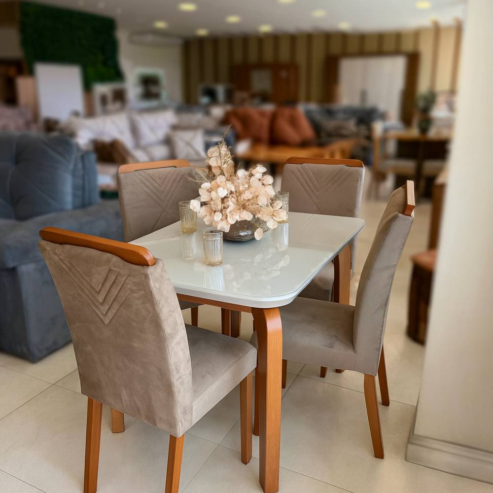 Mesa de Jantar Londrina 120x80cm Tampo Off White com 4 cadeiras Amsterdã - Veludo Capuccino