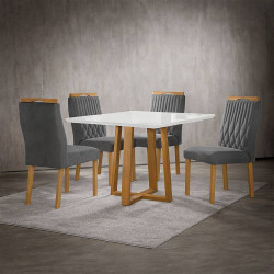 Mesa de Jantar Pedro 90x90  c/ 4 Cadeiras Genova Cinza - Mel / Off White Mesa de Jantar Pedro 90x90  c/ 4 Cadeiras Genova Cinza - Mel / Off White