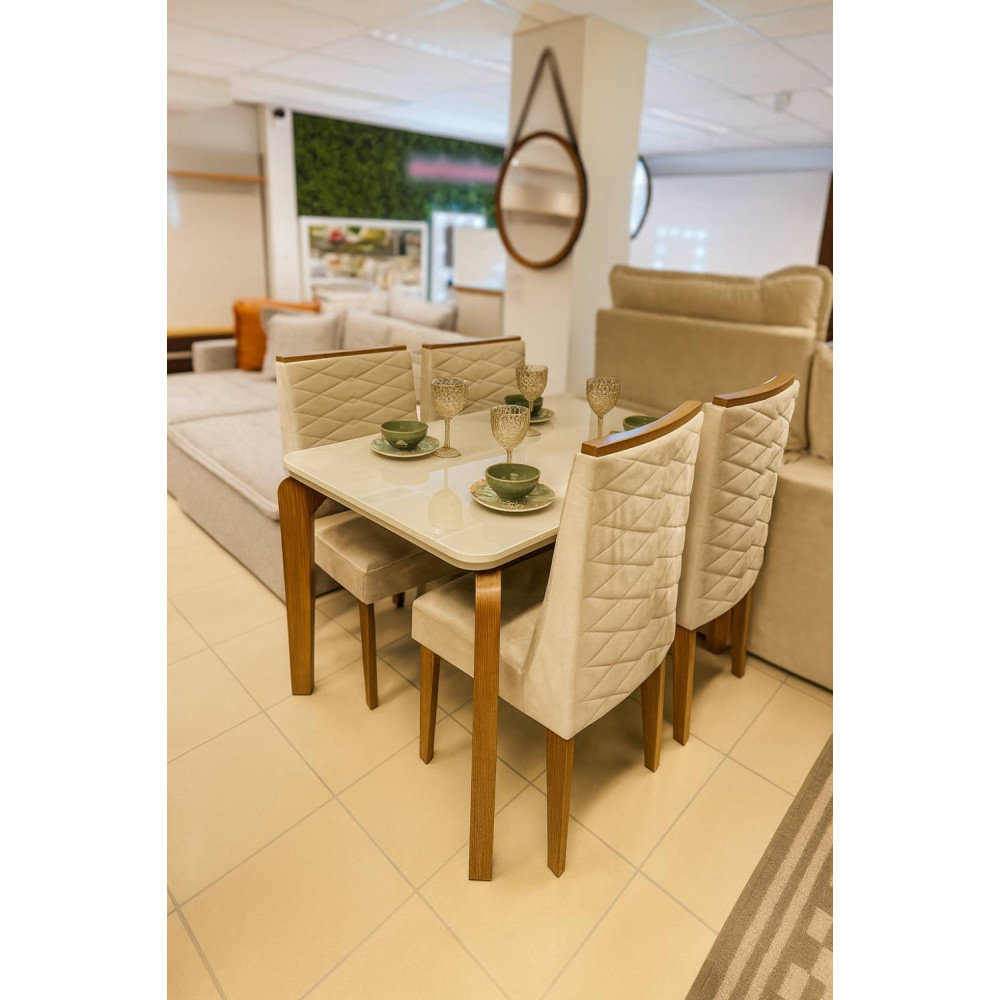 Mesa de Jantar Londrina 120 cm Canto Copo  c/ 4 Cadeiras Dafne Bege – Vidro Off White/ Imbuia