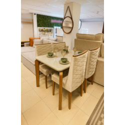 Mesa de Jantar Londrina 120 cm Canto Copo  c/ 4 Cadeiras Dafne Bege – Vidro Off White/ Imbuia
