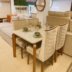 Mesa de Jantar Londrina 120 cm Canto Copo  c/ 4 Cadeiras Dafne Bege – Vidro Off White/ Imbuia Mesa de Jantar Londrina 120 cm Canto Copo  c/ 4 Cadeiras Dafne Bege – Vidro Off White/ Imbuia