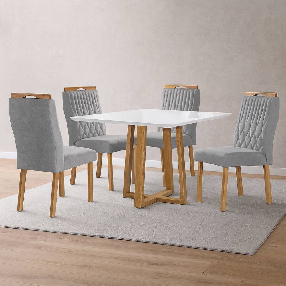 Mesa de Jantar Pedro 90x90 c/ 4 Cadeiras Genova Prata - Mel / Off White