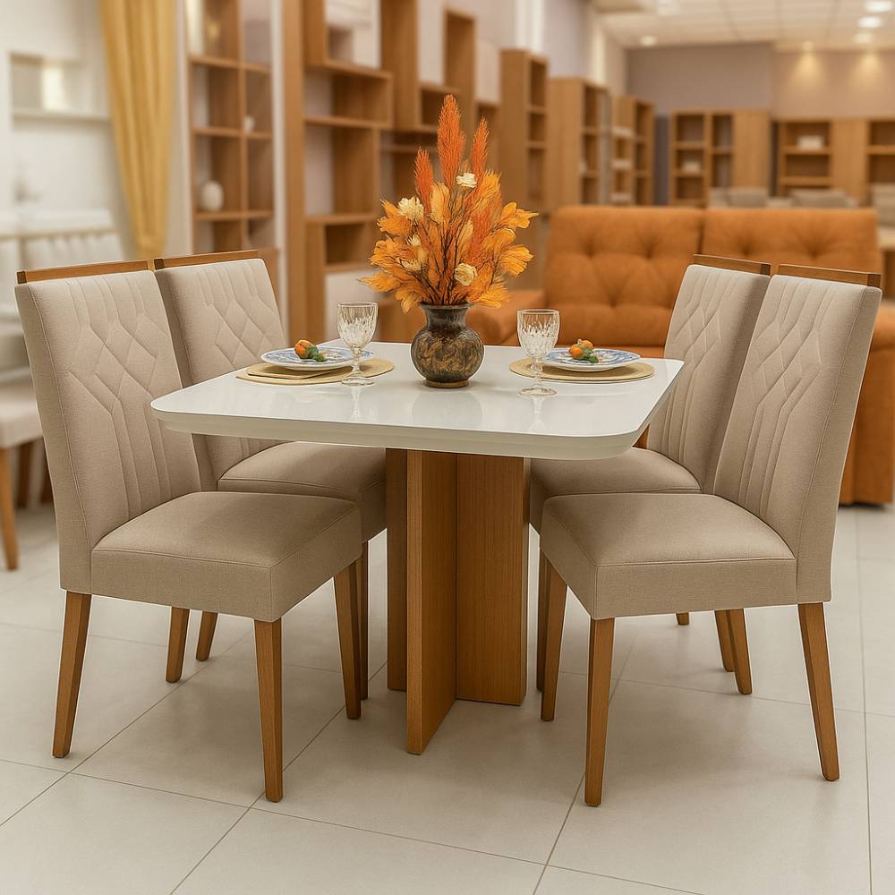 Mesa Berlim  90x90 com Tampo Off White Canto Copo com 4 cadeiras Nevada - Linho Bege