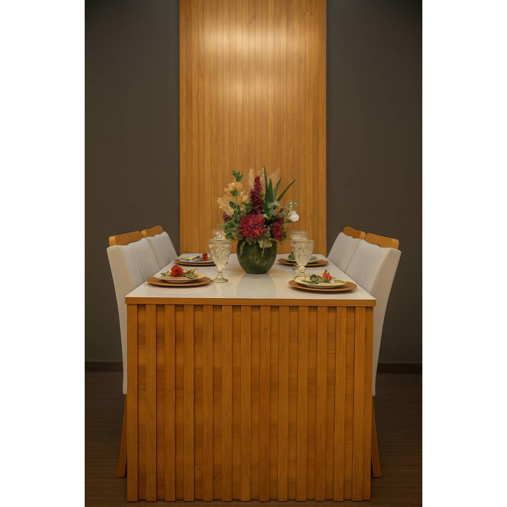 Mesa de Jantar + Painel Ripado Cancun 120x90 Com Vidro c/ 4 Cadeiras Lisboa Linho Prata - Cinamomo/Off White