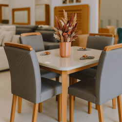 Mesa de Jantar Londrina 120x80cm Tampo Off White com 4 cadeiras Amsterdã -Linho Cinza Mesa de Jantar Londrina 120x80cm Tampo Off White com 4 cadeiras Amsterdã -Linho Cinza