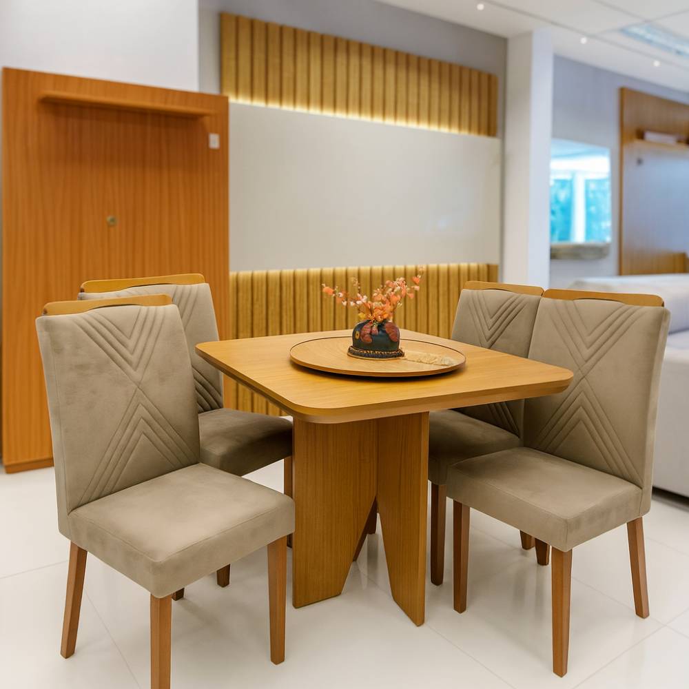 Mesa de Jantar Nevada 90x90cm Tampo Laminado com 4 cadeiras Amsterdã -  Veludo Capuccino