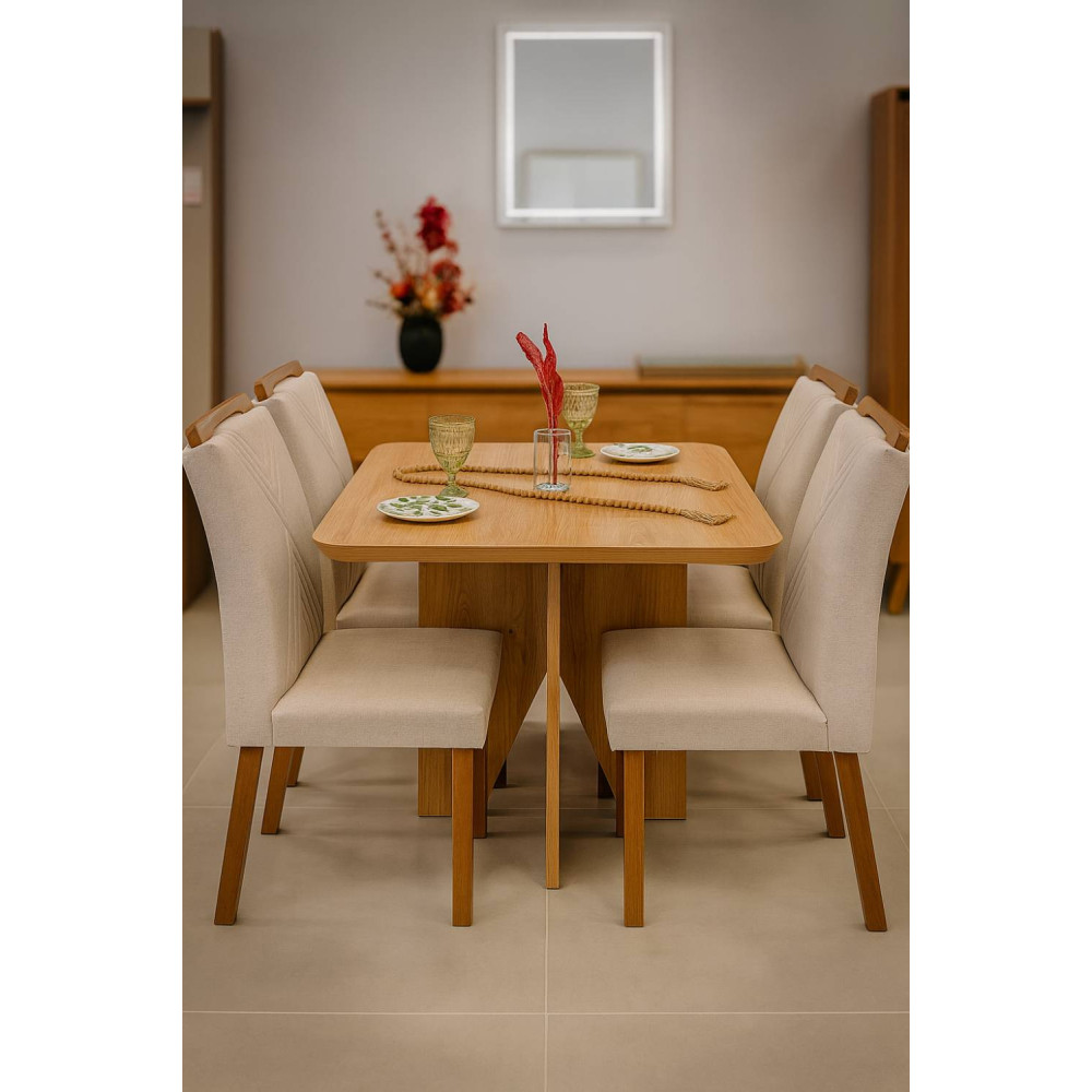 Mesa de Jantar Nevada 90x90cm Tampo Laminado com 4 cadeiras  Amsterdã - Linho Bege