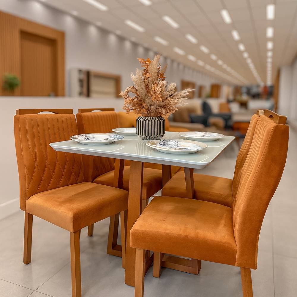 Mesa de Jantar Pedro 90x90 c/ 4 Cadeiras Genova Terracota - Mel / Off White