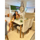 Mesa de Jantar Londrina 120 cm Canto Copo  c/ 4 Cadeiras Dafne Bege – Vidro Off White/ Imbuia