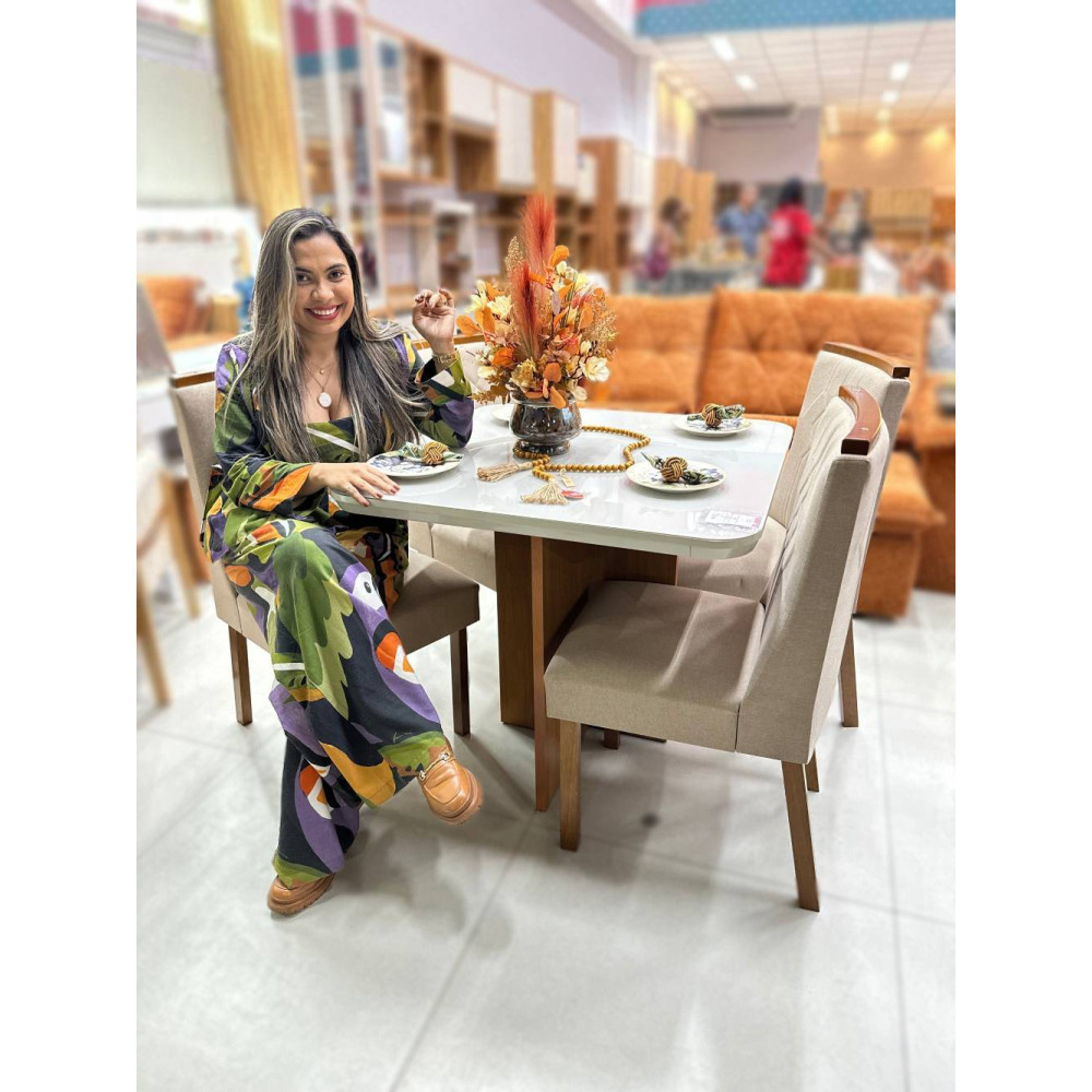 Mesa Berlim  90x90 com Tampo Off White Canto Copo com 4 cadeiras Nevada - Linho Bege