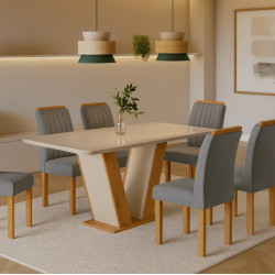 Mesa de Jantar Qatar 160x80 c/ 6 Cadeiras Dubai Veludo Cinza - Cinamomo / Off White Mesa de Jantar Qatar 160x80 c/ 6 Cadeiras Dubai Veludo Cinza - Cinamomo / Off White