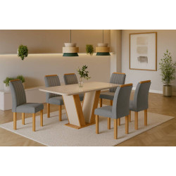 Mesa de Jantar Qatar 160x80 c/ 6 Cadeiras Dubai Veludo Cinza - Cinamomo / Off White