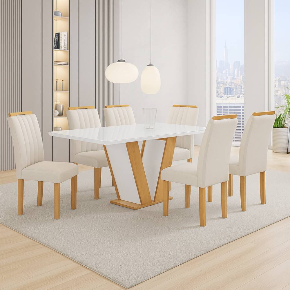 Mesa de Jantar Qatar 160x80 c/ 6 Cadeiras Dubai Bege - Cinamomo / Off White