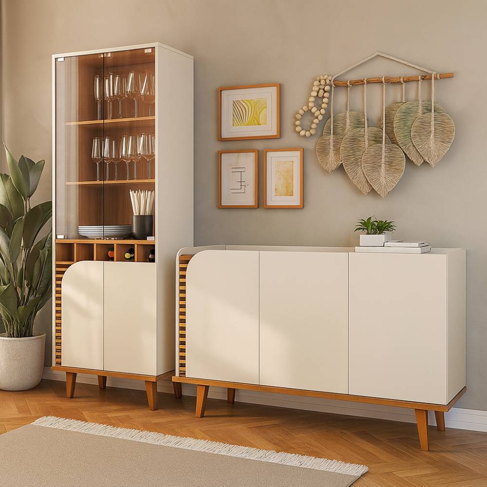Cristaleira 2 Portas de Vidro Jurerê + Aparador Buffet Jurere c/ 3 Portas - Off White Matte/Freijó