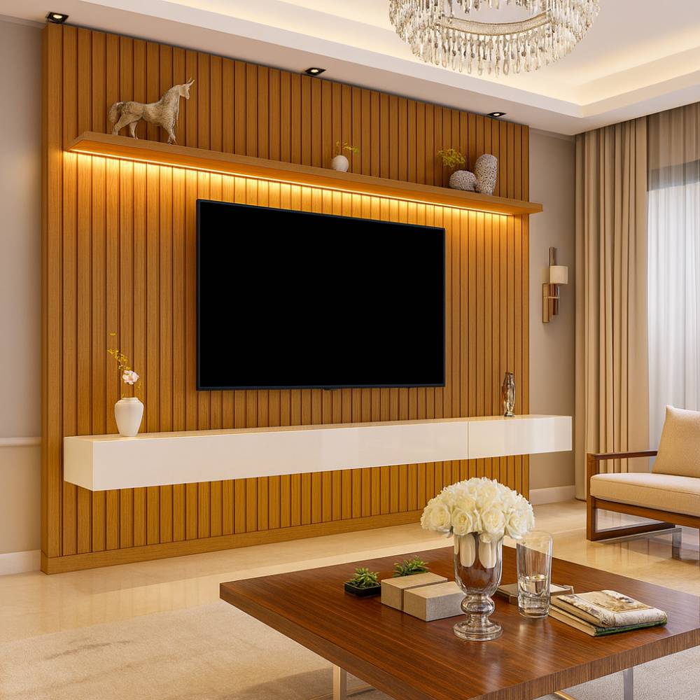 Painel Home Nobre Ripado 228.8 cm c/ Led para Tv até 85" - Naturale/ Off White
