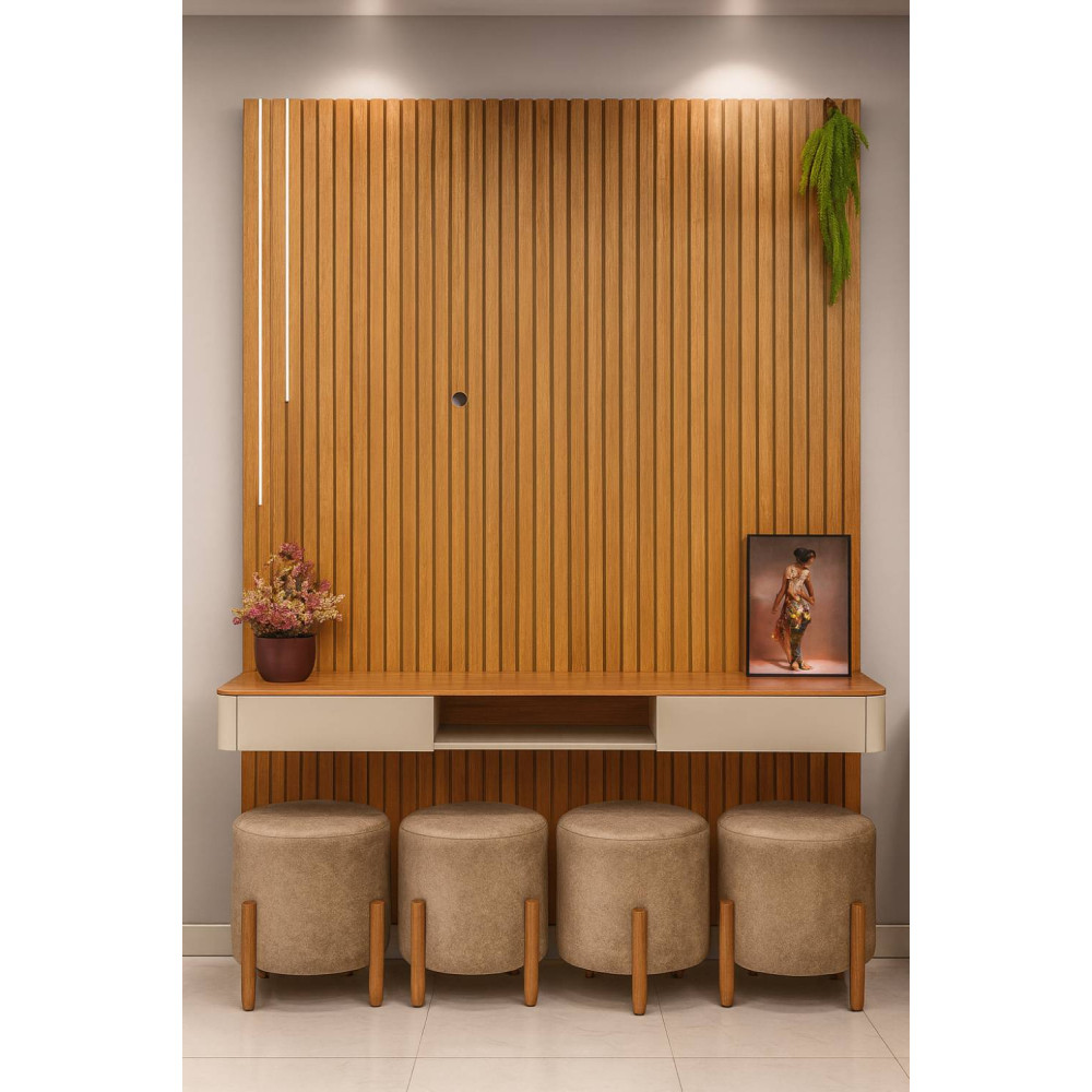 Painel Ripado Lyon com Nicho Arcus 186cm 3 Gavetas c/ Led cascata e Prateleira - Naturalle / Off White