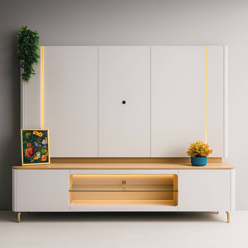 Rack Bancada Santorini c/ Painel Santorini c/ Led para Tvs até 75" - Tauari/Off White Fosco