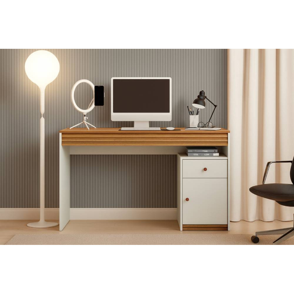 Escrivaninha Sevilha 120cm c/ 1 Porta  1 Gaveta - Off White/Naturalle