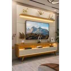 Painel Royal 2.2 c/ Led para TV até 75 " c/ Rack Requinte 212 cm para Tvs até 65" Requinte c/ Led e pés Palito - Naturale / Off White