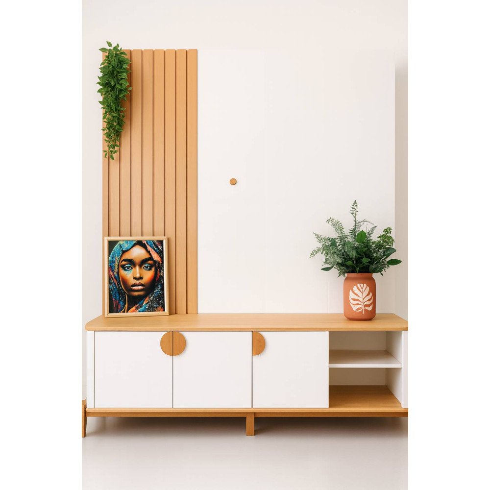 Rack Buriti 1.8 com Painel Boto 1.8 para TVs até 70 ″  c/ Led - Off White/Nature