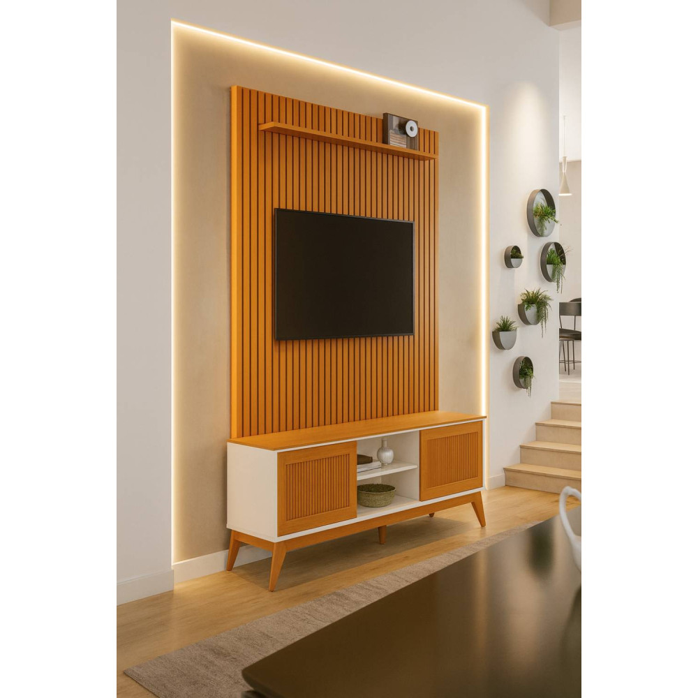 Painel Arbo 1.8 + Rack King para TV até 65 " c/ 2 Portas - Off White/Cedro